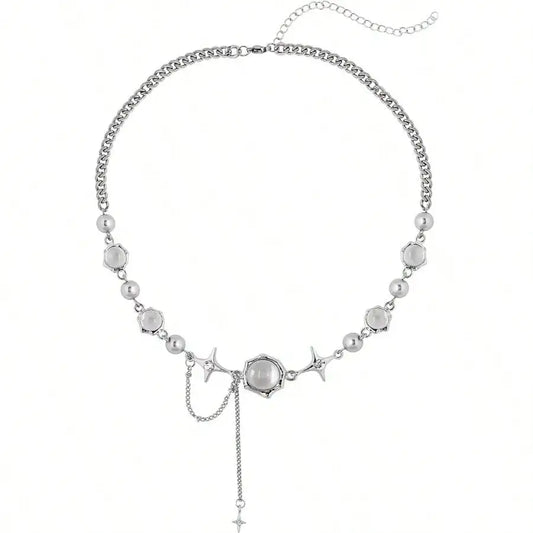 Gothic Grunge Pearl & Crystal Silver-Tone Necklace