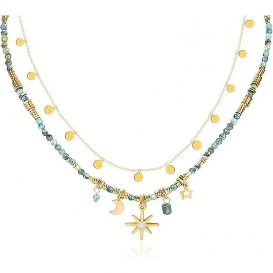 Layered Gold Plated Necklace with Star Moon Charms & Blue Gemstones